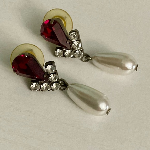 Jewelry - Ruby Red and Rhinestone Pearl Drop Costume Earrings